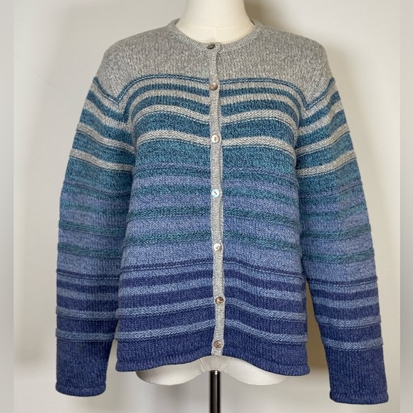 L.L.Bean Cardigan Cotton Blue Gray Ombré Textured Knit Women’s Size Large Petite - Picture 1 of 10